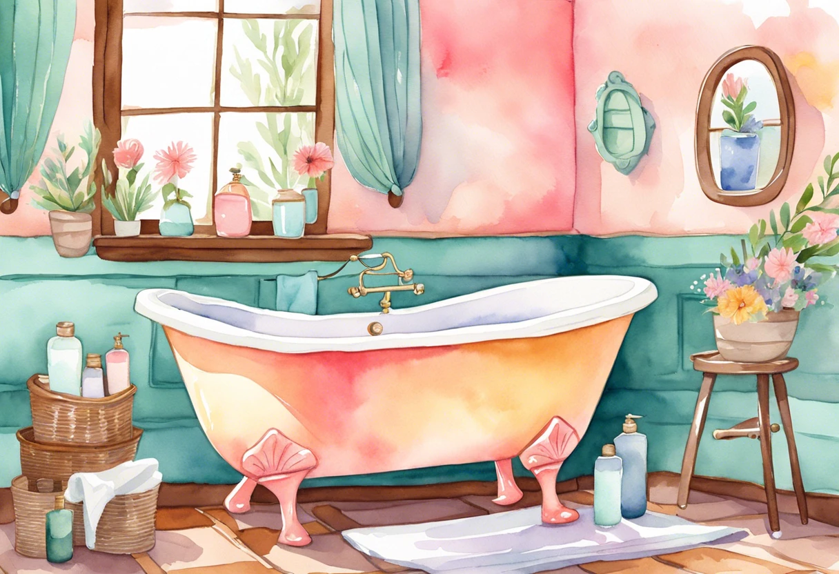 Colorful painted bathtub in a bright bathroom setting, illustrating options for painting a bathtub.