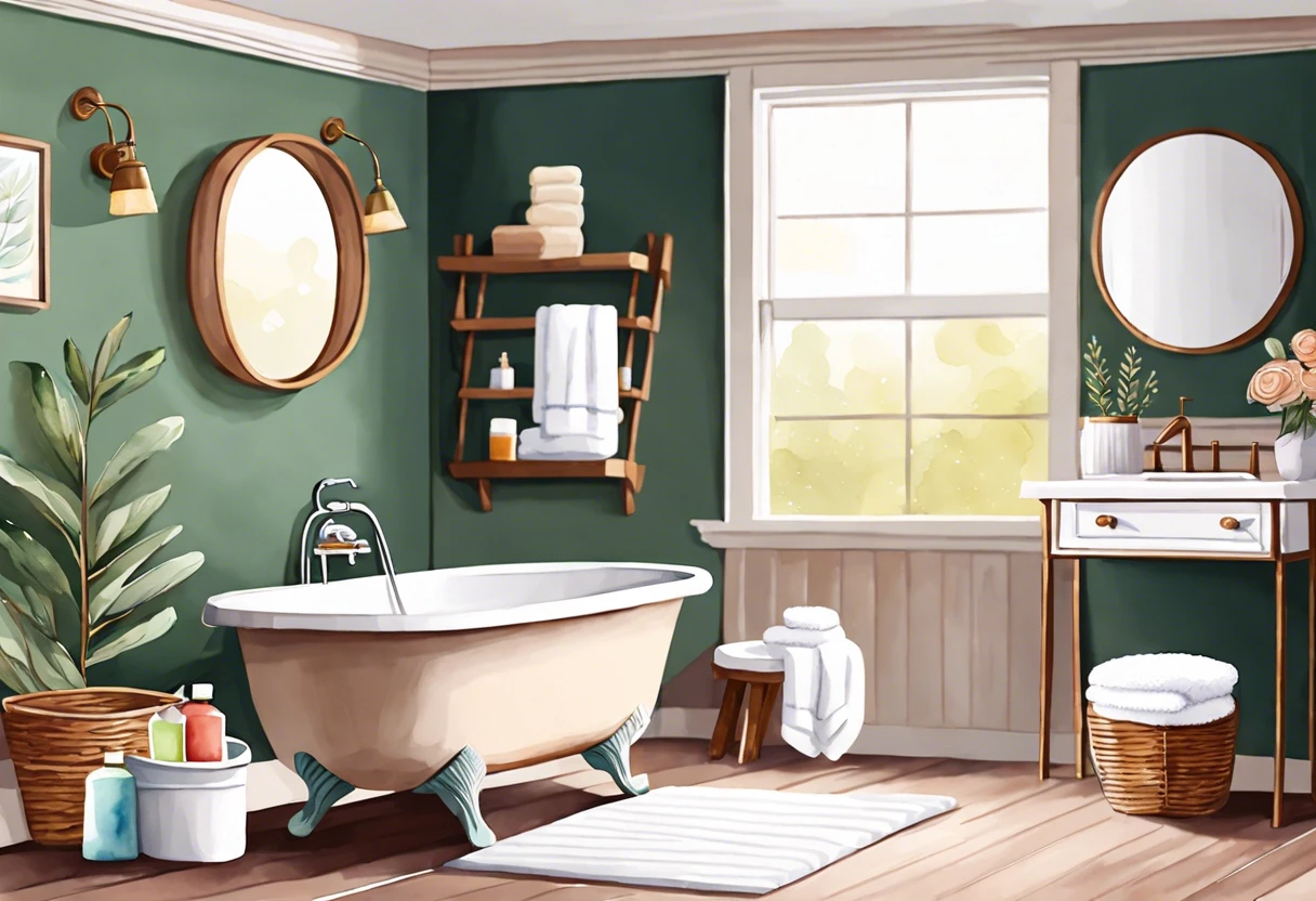 A beautifully painted bathtub in a modern bathroom setup with green walls and decor.