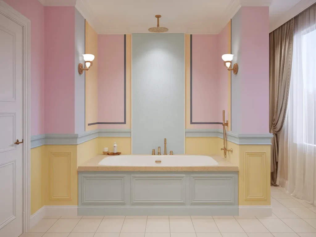 Colorful painted bathtub surround with modern fixtures