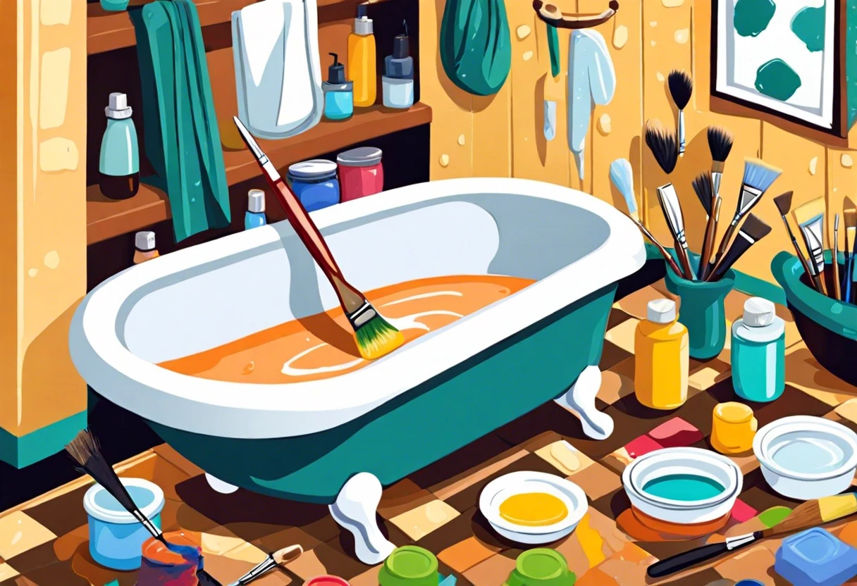Colorful bathtub being painted with a brush, illustrating the process of painting bathtubs.