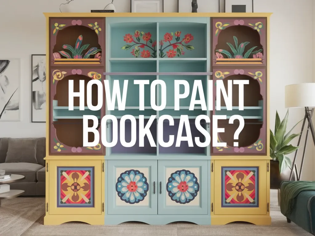 Colorful painted bookcase with floral designs and various colors, showcasing techniques for painting a bookcase.