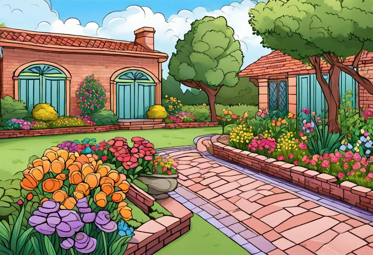 A colorful garden featuring painted bricks, showcasing the potential of painting bricks for enhancing outdoor aesthetics.