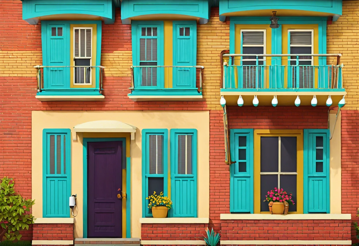 Vibrantly painted brick home showcasing colorful window frames and doors, illustrating the concept of painting brick exteriors.