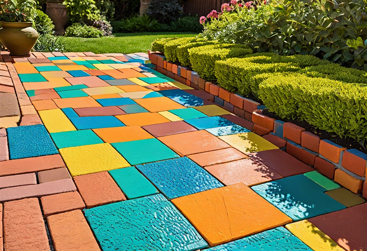 Colorful painted brick pavers in a garden pathway showcasing different paint colors.