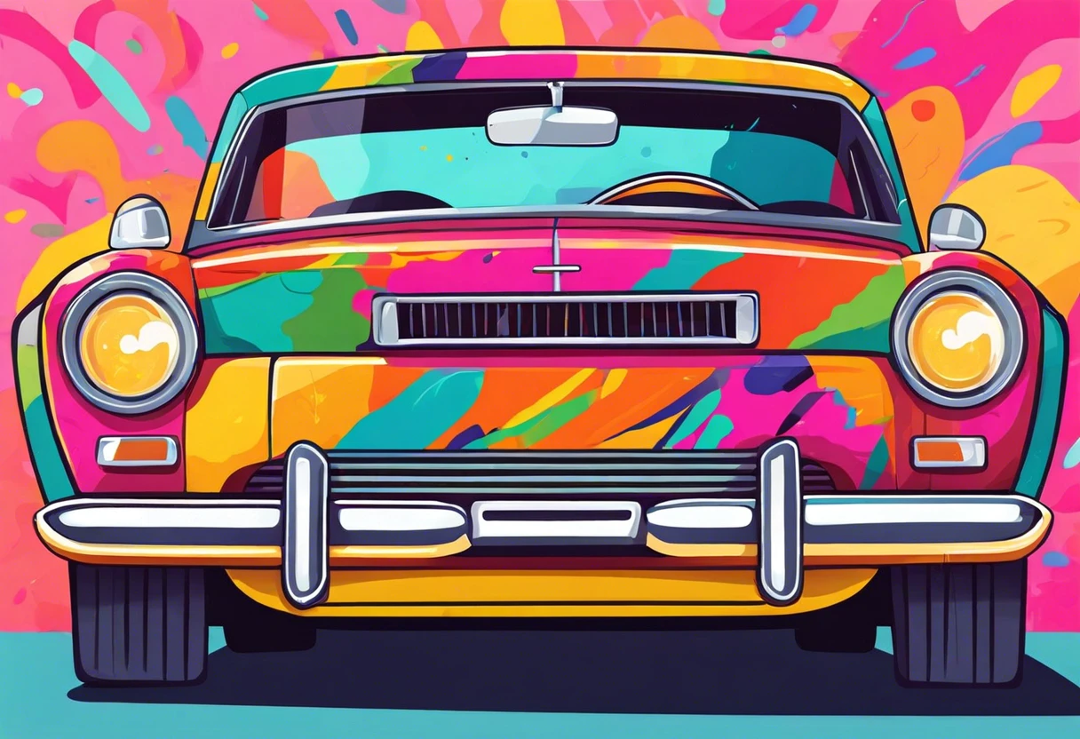 Colorfully painted car showcasing a custom license plate, illustrating license plate painting.