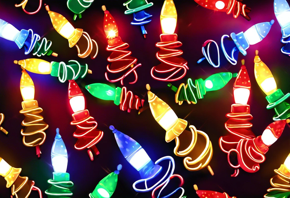 Colorful painted Christmas lights in various shapes and designs.