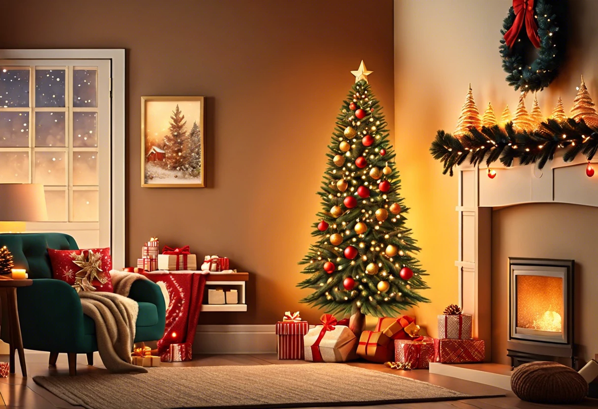 Beautifully painted Christmas tree with decorations in a cozy living room setting