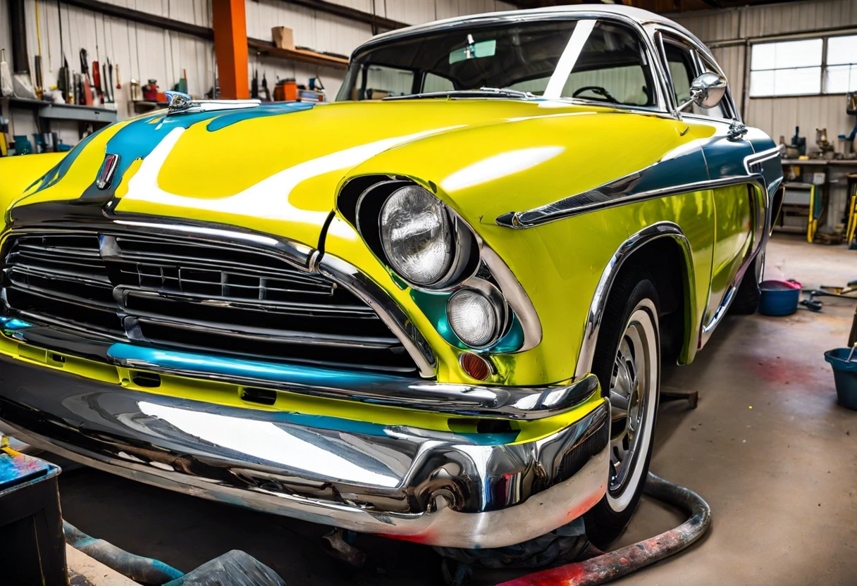 Close-up of a classic car with a chrome bumper partially painted, illustrating the process of painting chrome bumpers.