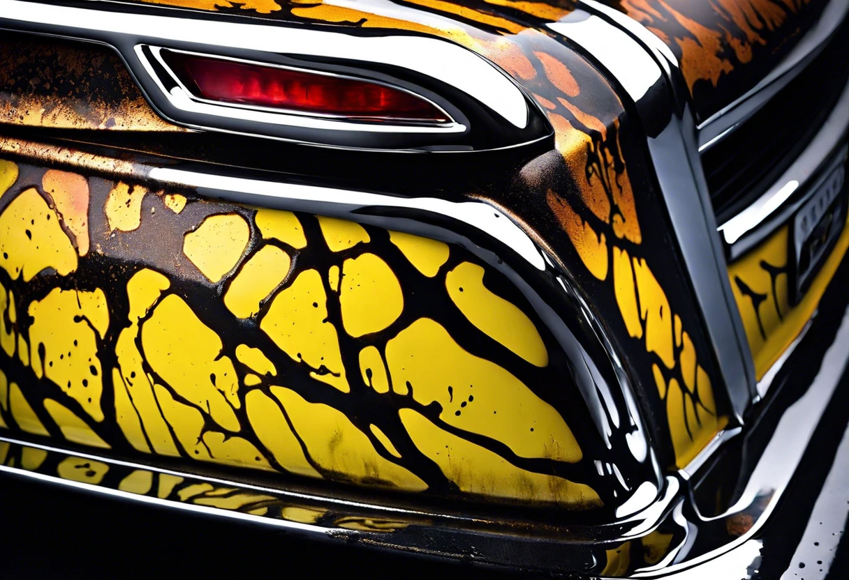 A close-up view of a custom-painted chrome bumper showcasing vibrant yellow and black patterns.