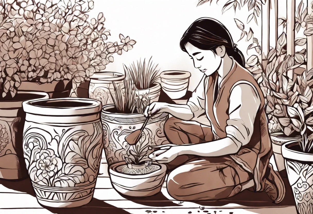 Person painting clay flower pots with decorative designs