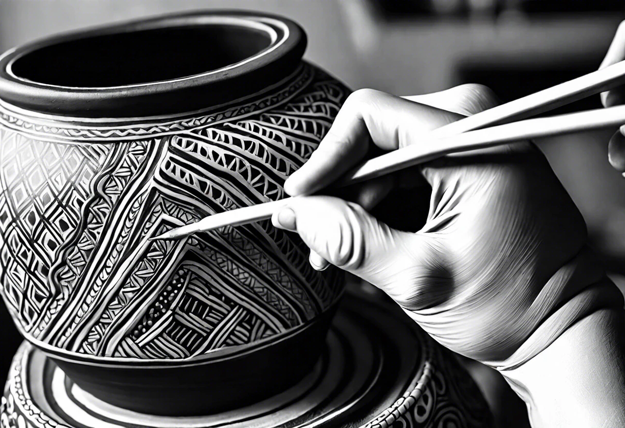 Hand painting intricate designs on a clay pot, showcasing techniques for painting clay pots.