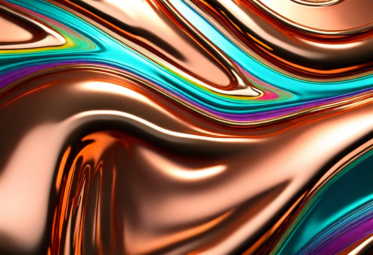 A close-up view of a colorful, painted copper surface showcasing different paint finishes.