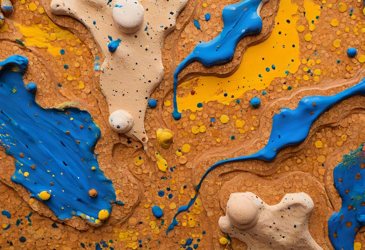 Colorful painted cork board with blue, yellow, and beige patterns showcasing the potential of painting cork boards.