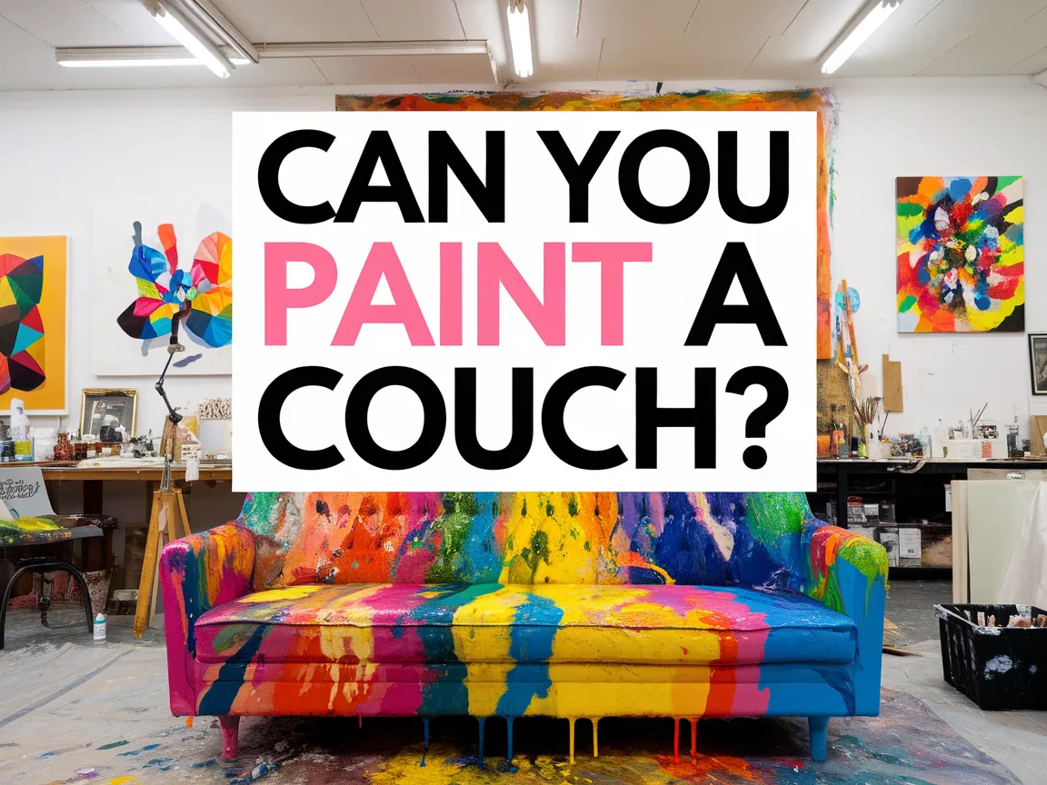 Colorful painted couch in a creative studio, demonstrating how to paint a couch.
