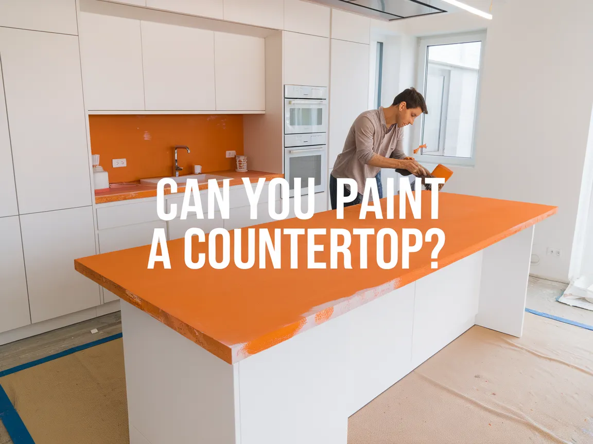 Person painting a bright orange countertop in a modern kitchen, showcasing the process of countertop painting.
