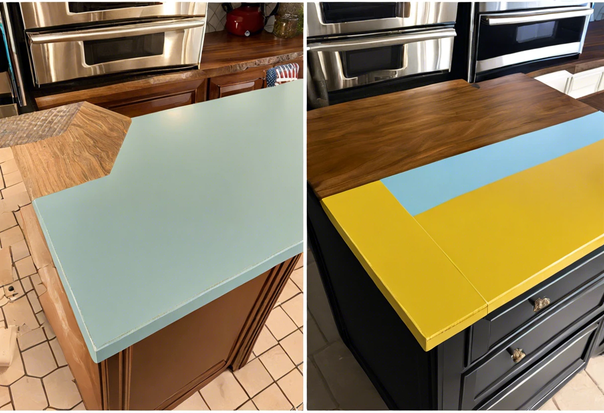 Before and after images of painted kitchen countertops in different colors.