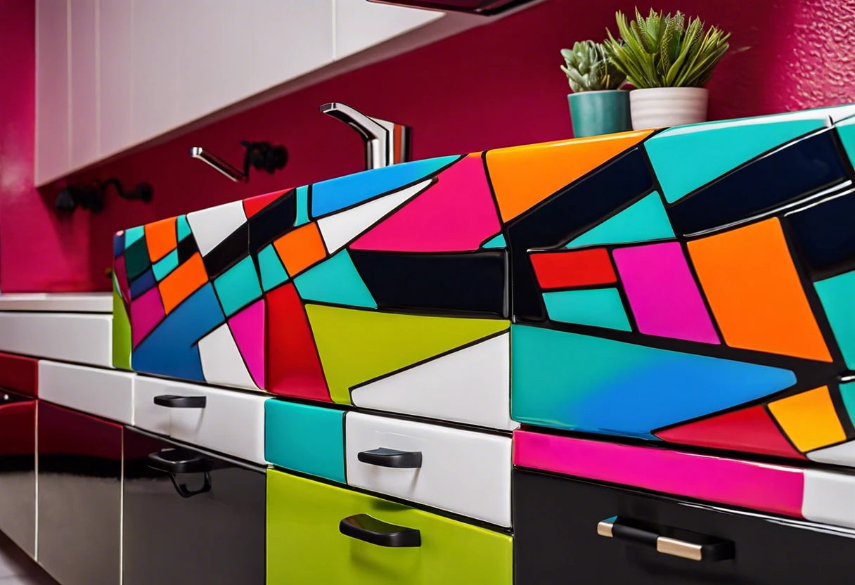 Vibrantly painted countertops showcasing colorful patterns for kitchen renovation.