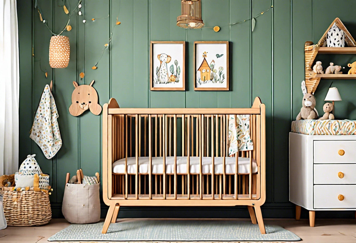 Stylish crib in a beautifully decorated nursery, showcasing painted elements.