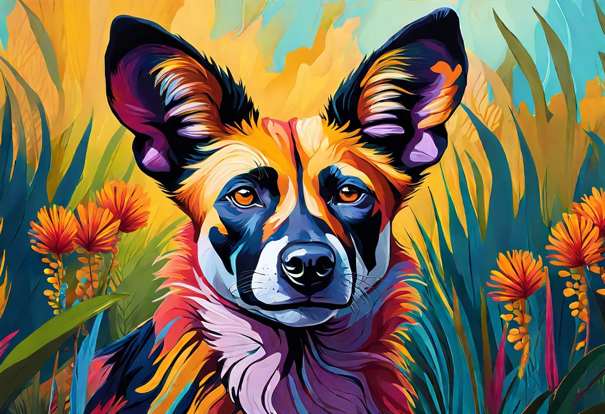 Colorful artistic representation of a painted dog, exploring the concept of painted dogs and domestication.