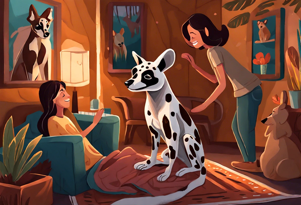 Illustration of a painted dog in a domestic setting with two people, highlighting the theme of painted dogs and their potential for domestication.