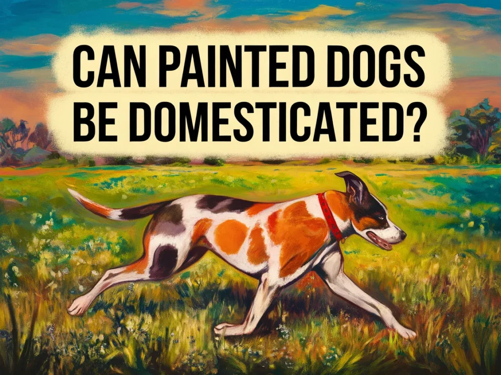 An artistic representation of a painted dog running in a field, illustrating the question can painted dogs be domesticated.