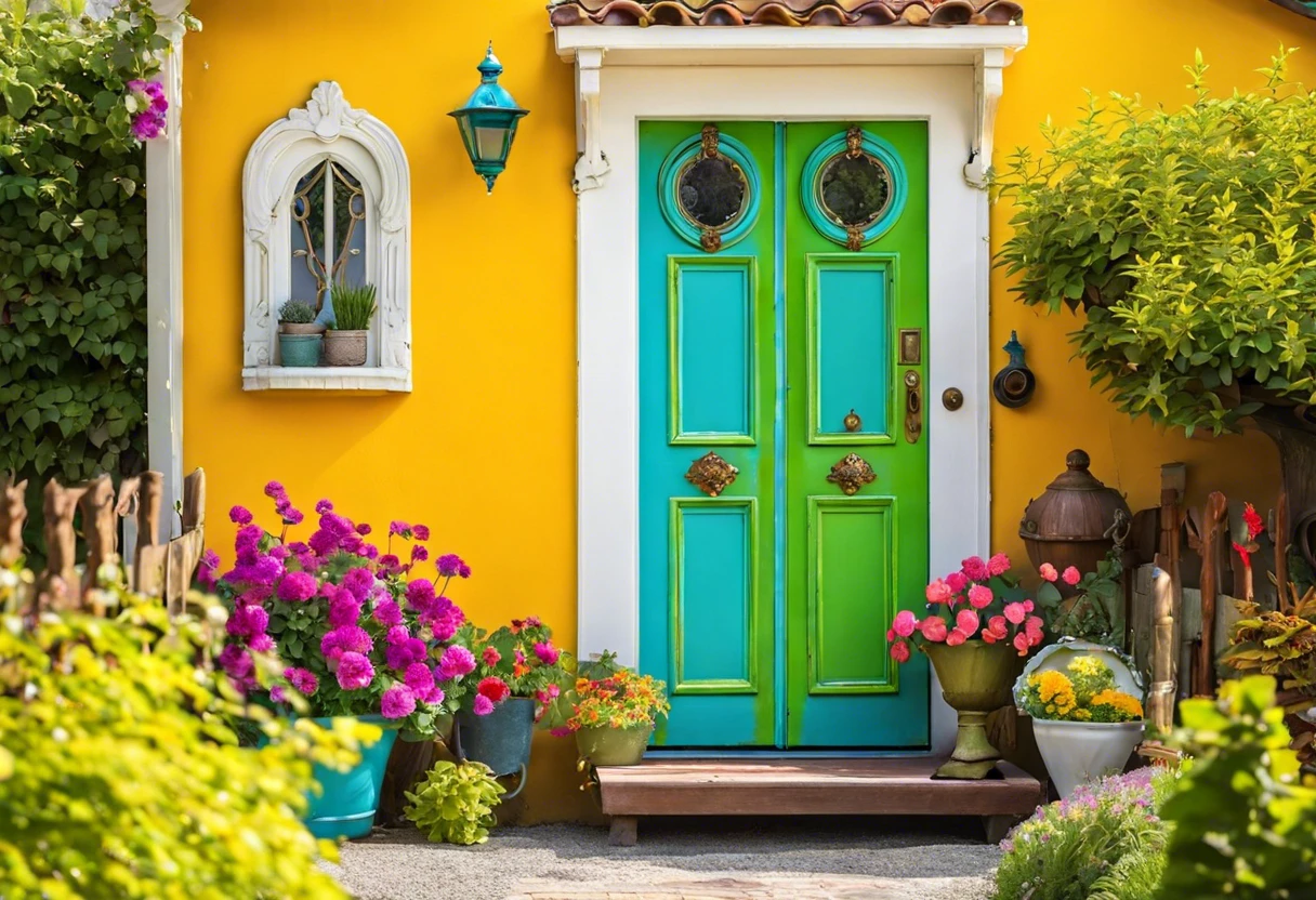 Colorful door on hinges surrounded by vibrant flowers and a yellow wall, illustrating the topic of painting doors.