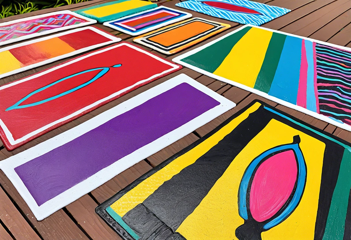 Colorful painted door mats showcasing various designs using outdoor paint.