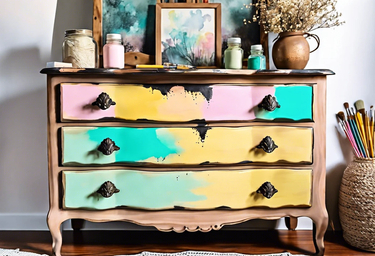 Colorful painted dresser with artistic design and decor items