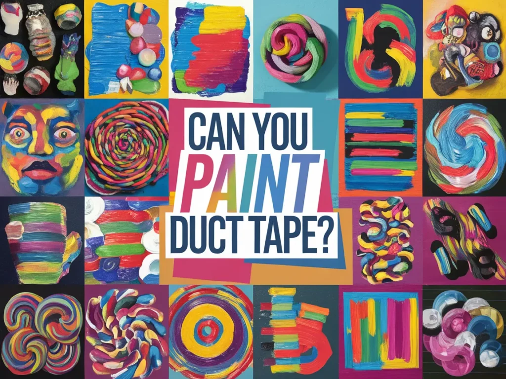 Colorful artwork created using painted duct tape techniques showcasing various designs.