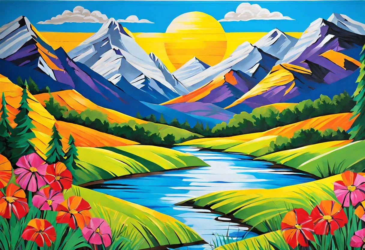 Vibrant landscape painting on duct tape, showcasing mountains, a river, and flowers.