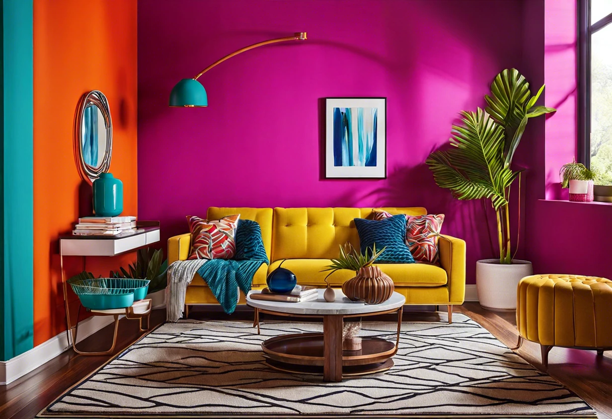 Colorful living room with a painted electrical outlet that shows creative home decor ideas.