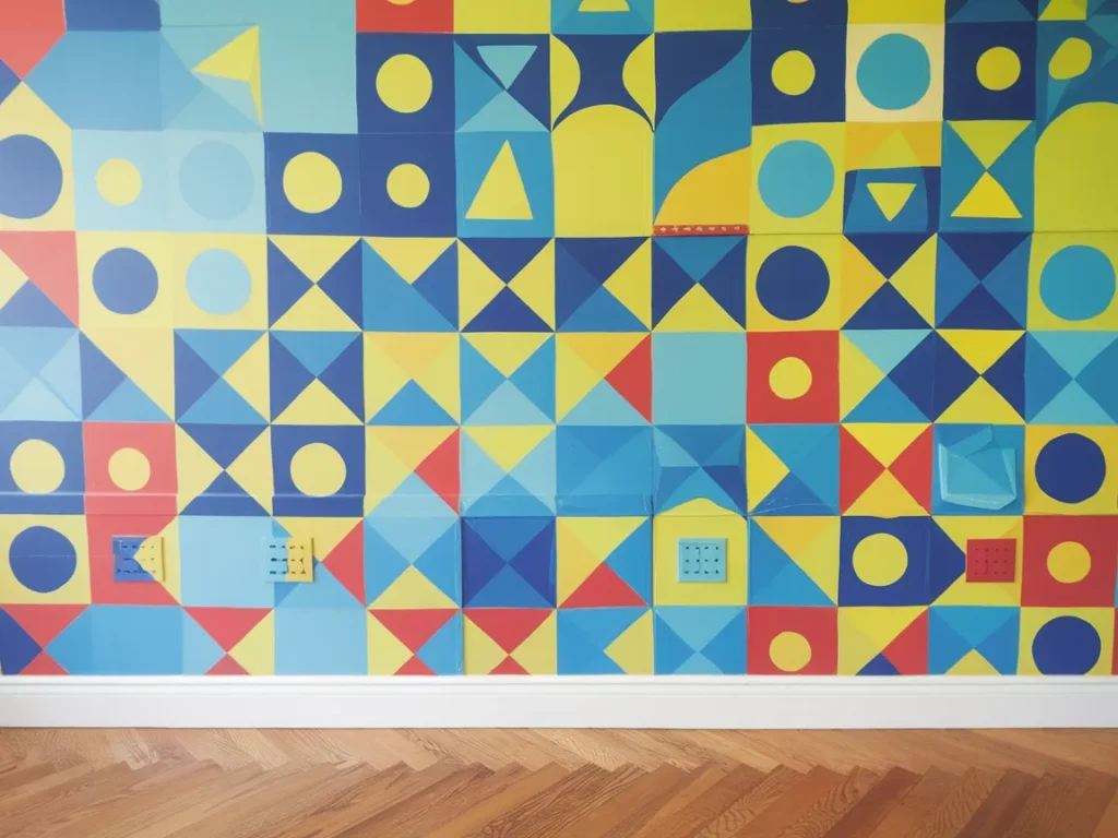 Colorful wall with painted electrical outlets showing the possibility of painting outlets