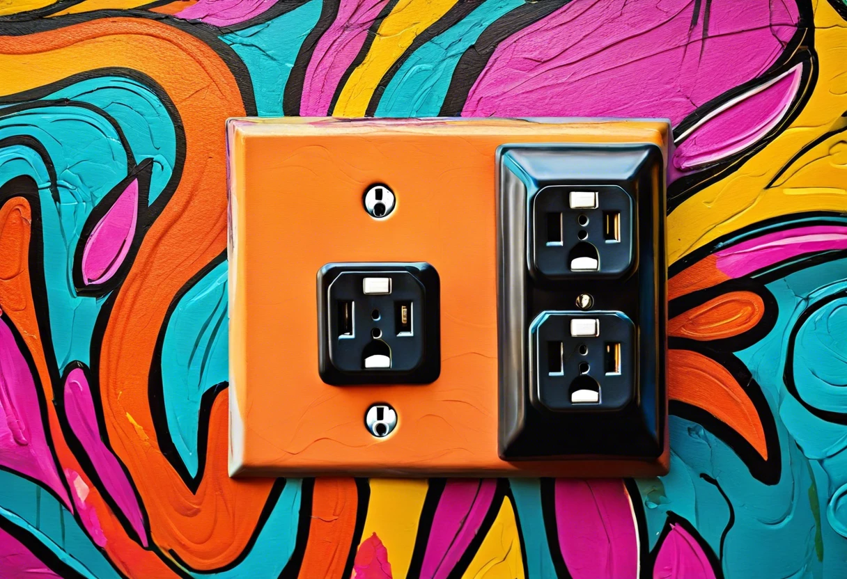 Colorfully painted electrical outlets on a vibrant wall, showcasing the possibility of painting outlets.