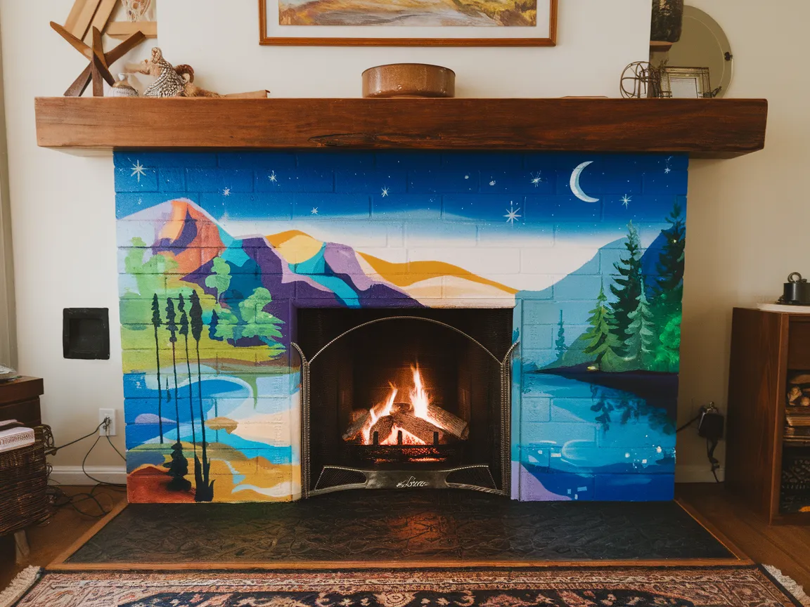 Vibrantly painted interior of a fireplace showcasing artistic mountain and river scenery, demonstrating creative ideas for fireplace painting.