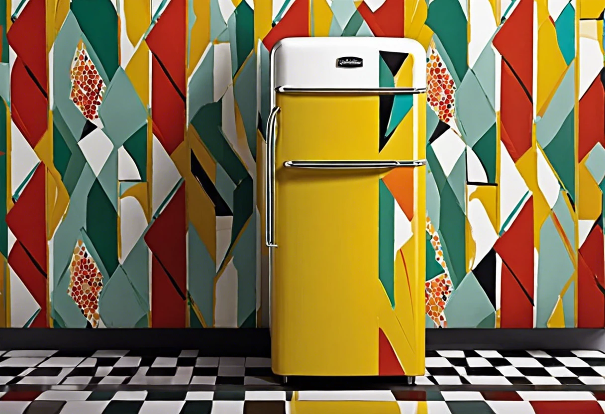 A creatively painted fridge against a stylish wall, showcasing how you can paint a fridge.