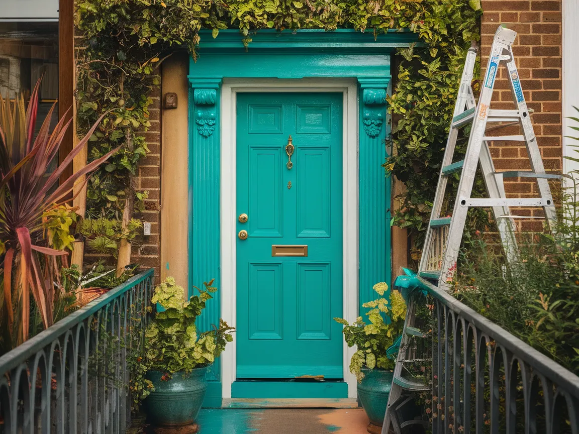 Vibrant turquoise front door surrounded by greenery, demonstrating a fresh paint job.