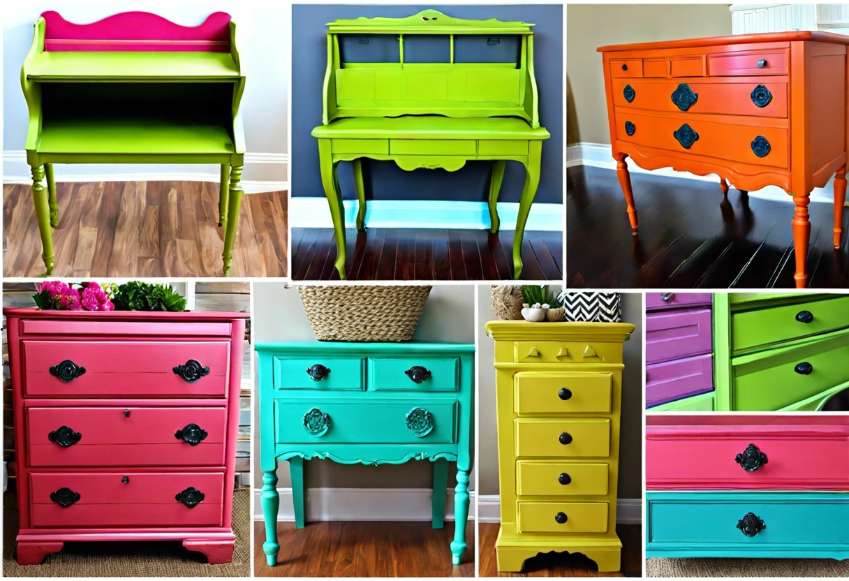 Vibrantly painted furniture pieces showing various colors and styles, illustrating how to paint furniture without sanding.