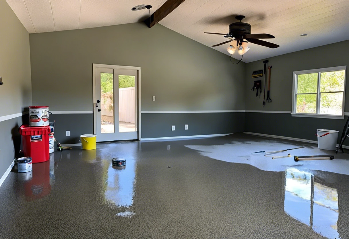 Brightly painted garage floor showcasing the process of painting a garage floor