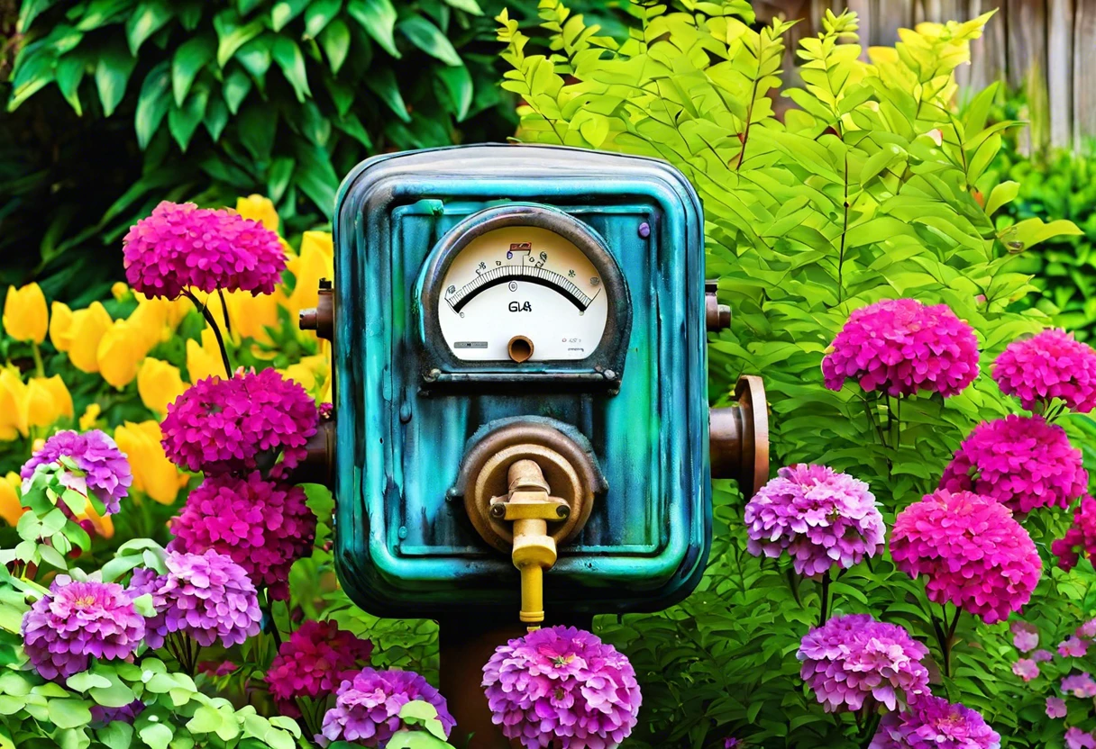 Colorfully painted gas meter surrounded by vibrant flowers in a garden