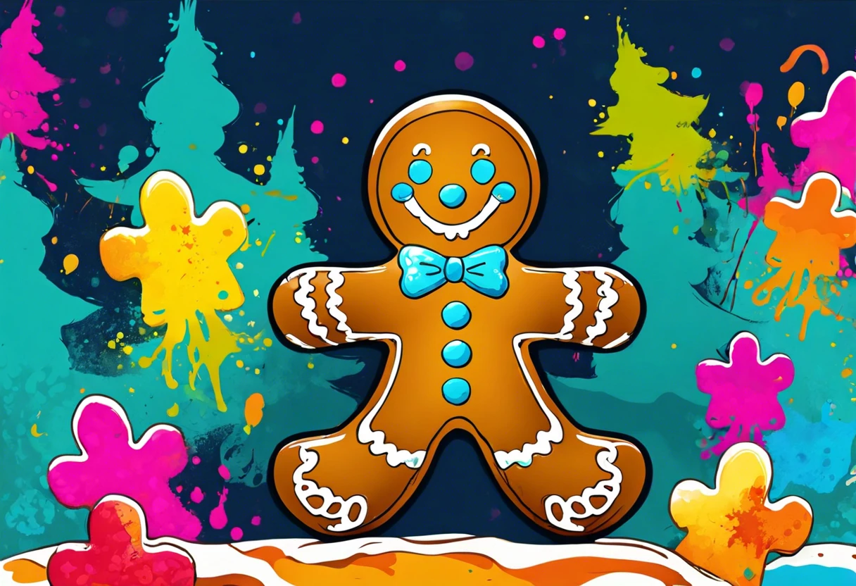 Colorful painted gingerbread man with blue buttons and a bow tie, surrounded by festive decorations.