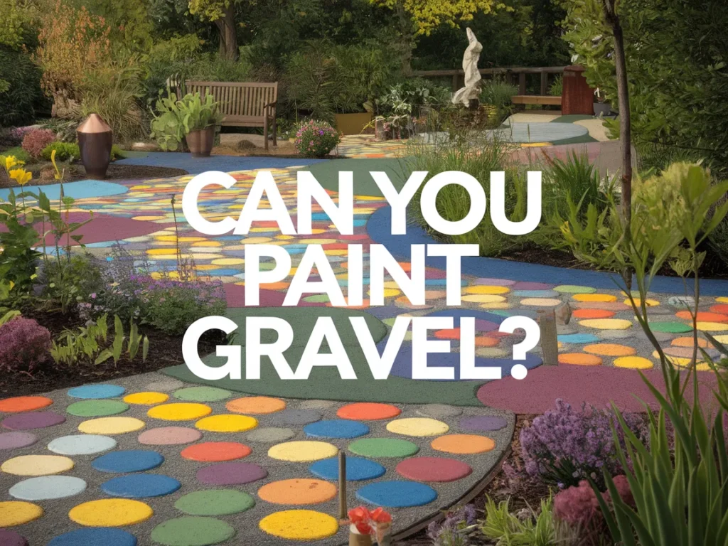 Colorful painted gravel pathway in a garden showcasing vibrant colors and creative design.