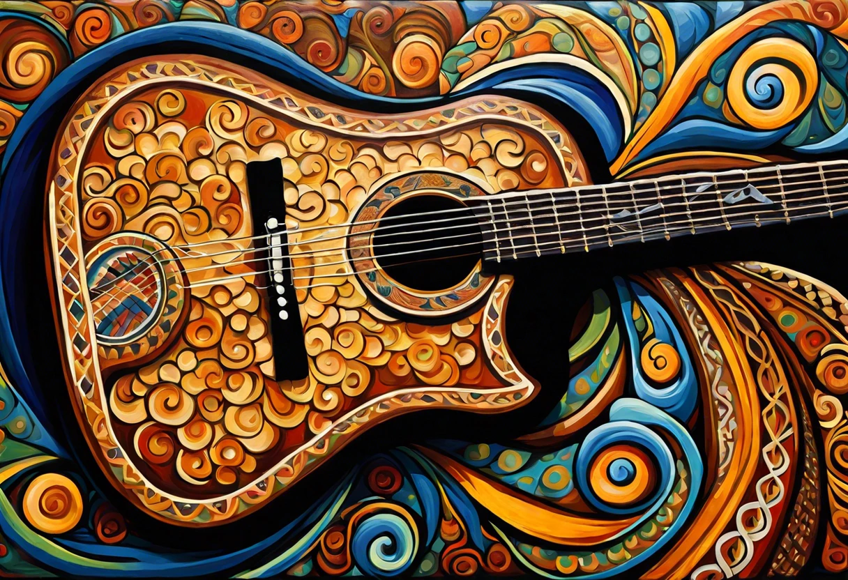A beautifully painted acoustic guitar featuring intricate swirling designs.