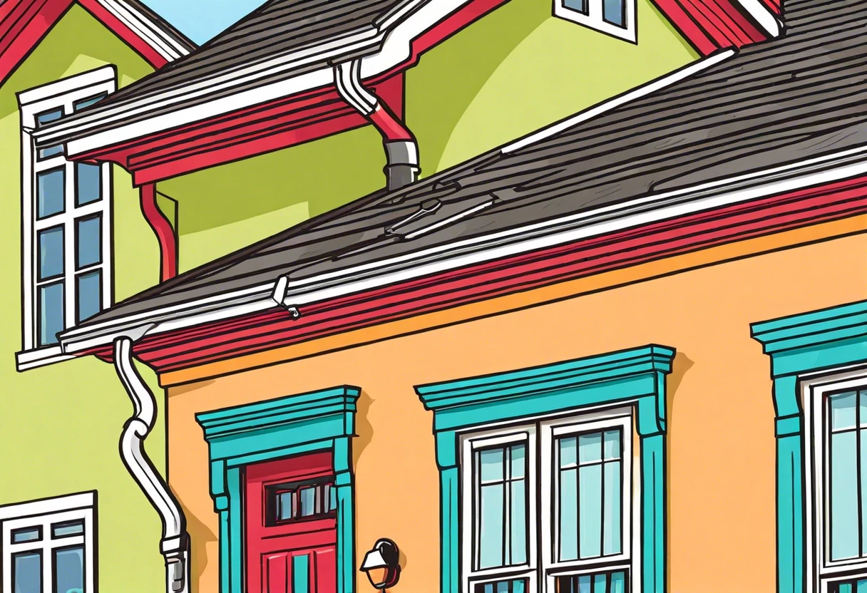 Beautifully painted gutters on a colorful house.