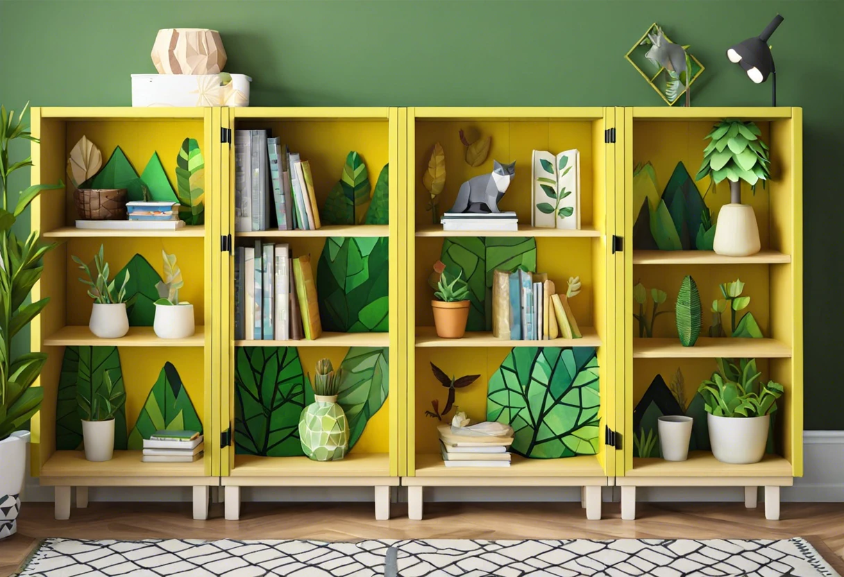 Colorfully painted Ikea Billy bookcase with plants and decor, showcasing painting potential