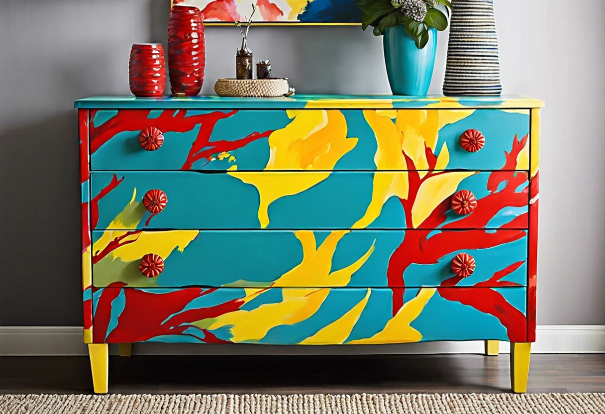 Vibrantly painted IKEA dresser showcasing creative paint techniques for transforming furniture.