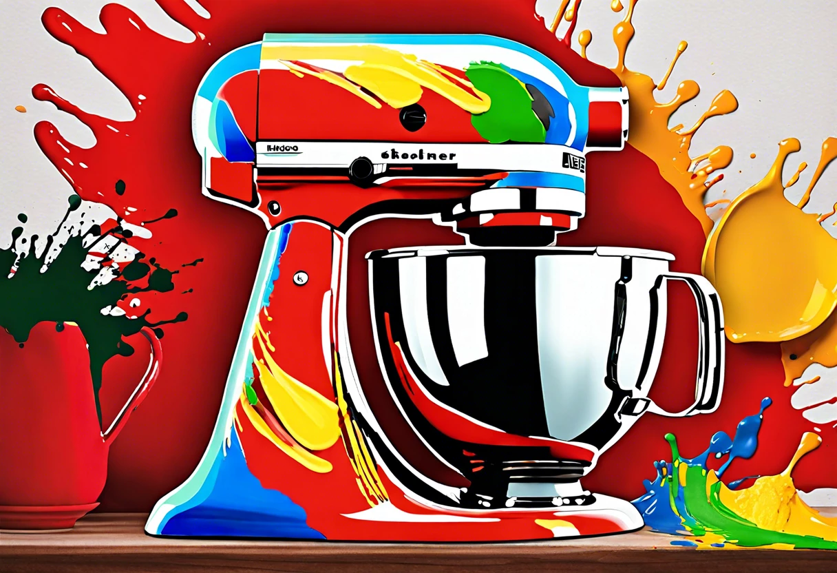 Colorfully painted KitchenAid stand mixer with splashes of paint, showcasing a creative DIY project.