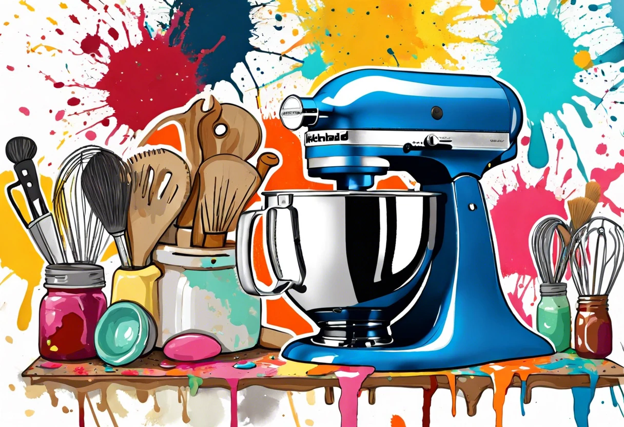 A colorful KitchenAid stand mixer surrounded by art supplies, demonstrating the painting process.