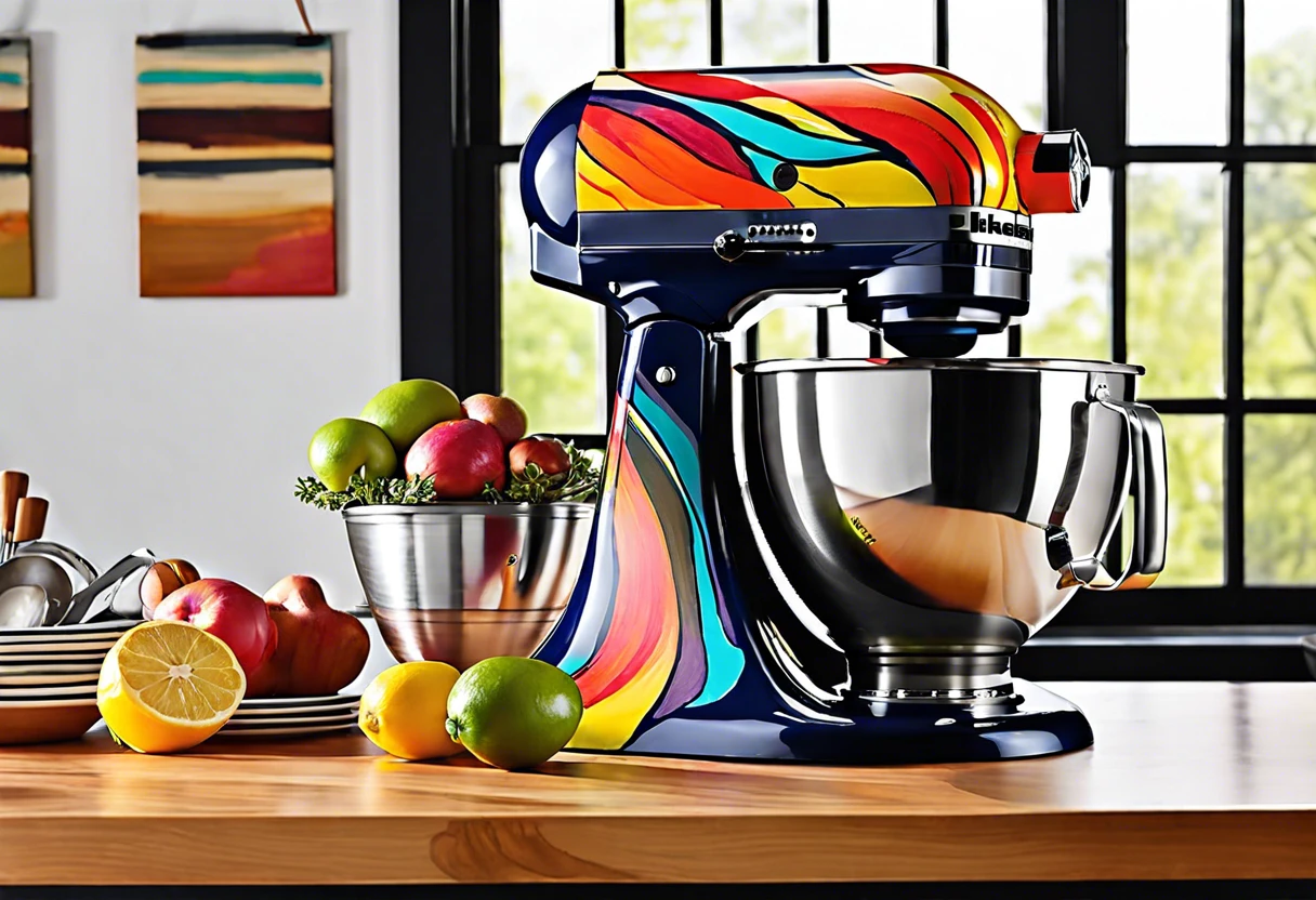 Colorfully painted KitchenAid mixer on a kitchen counter surrounded by fresh fruits, illustrating the painting process.