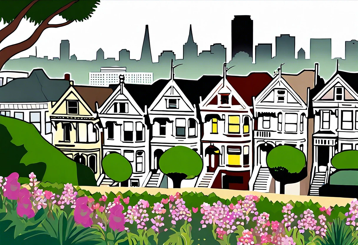 Colorful painted ladies houses with the San Francisco skyline in the background