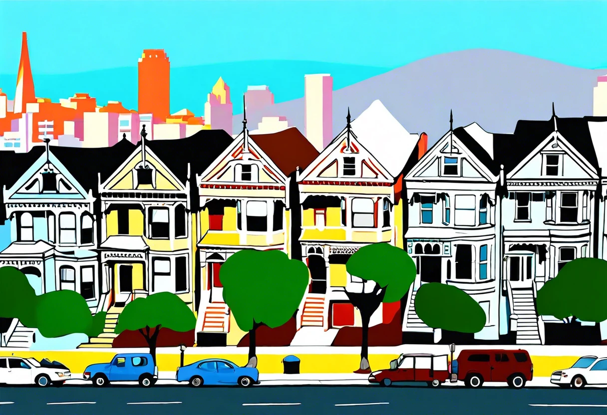 Colorful Painted Ladies houses in San Francisco with skyline in the background